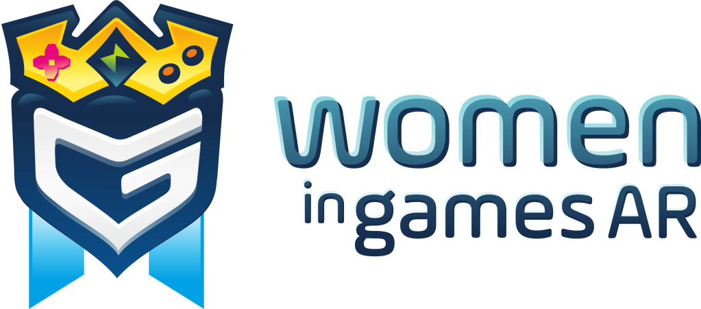 Letra G con una corona y dos banderines debajo, forman el logo de Women in Games Argentina